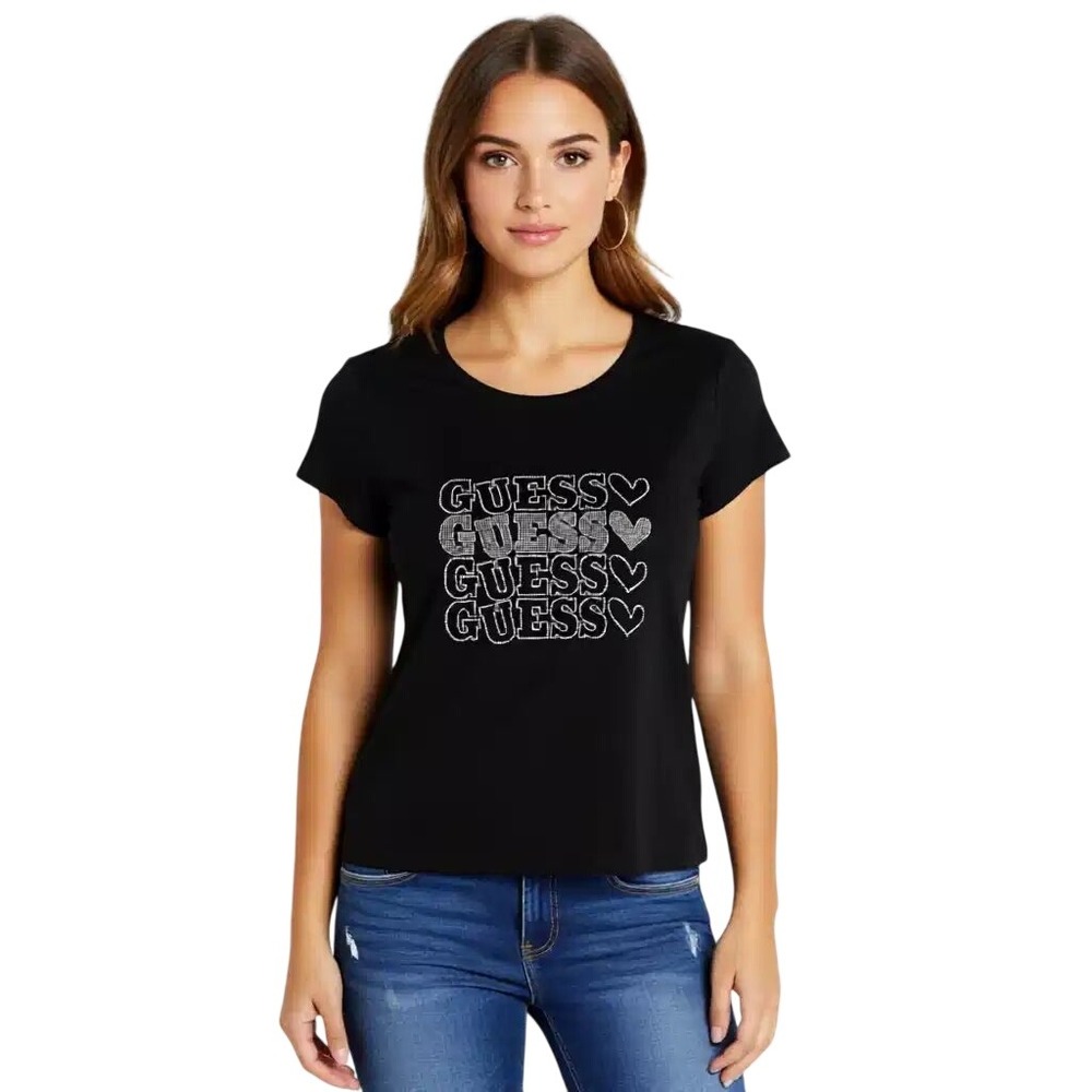 Guess Womens Rhinestone Heart Logo T-Shirt Black XL NWT